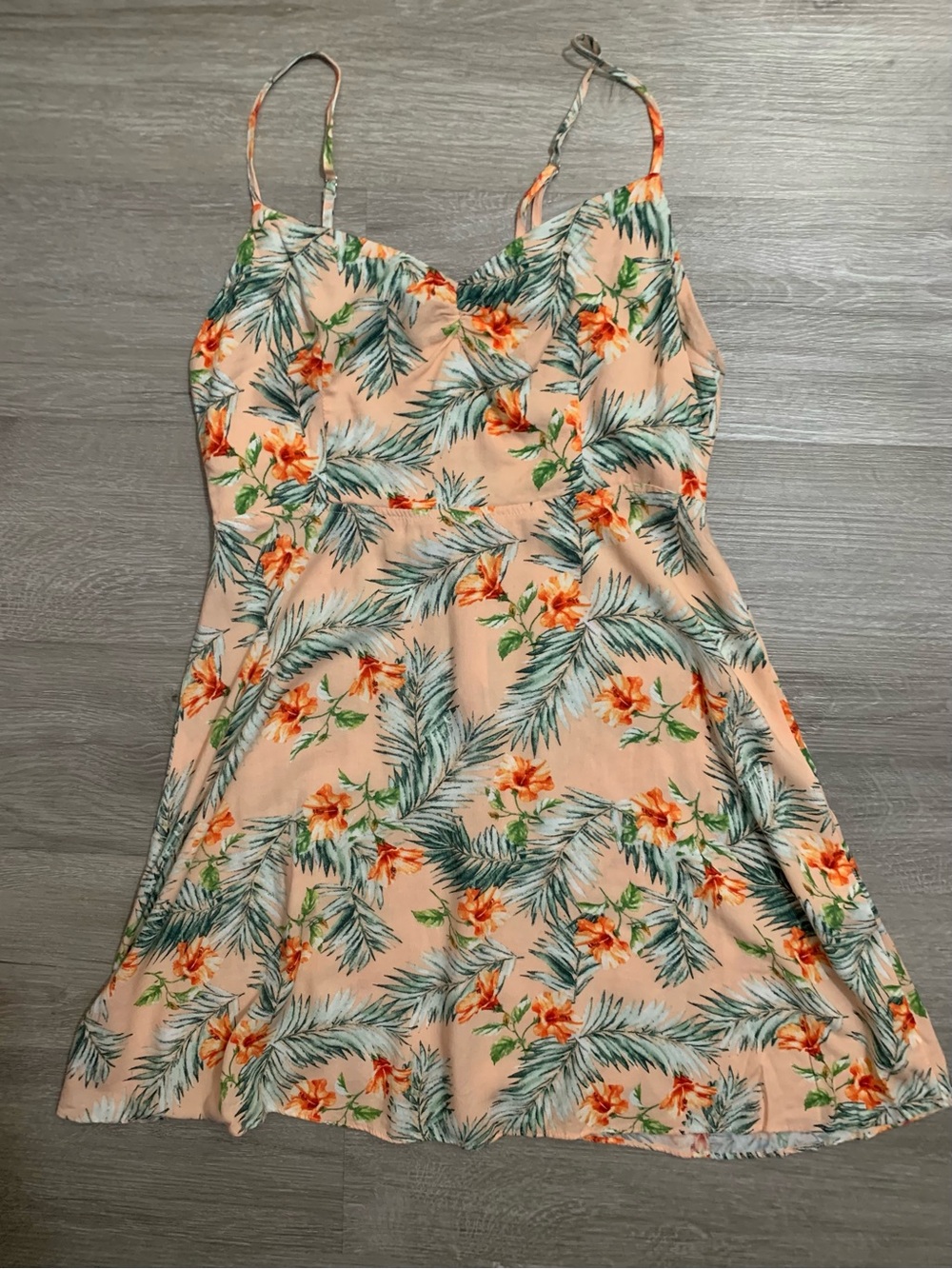 Forever 21 Peach Floral Slip Dress with Green Palm Print